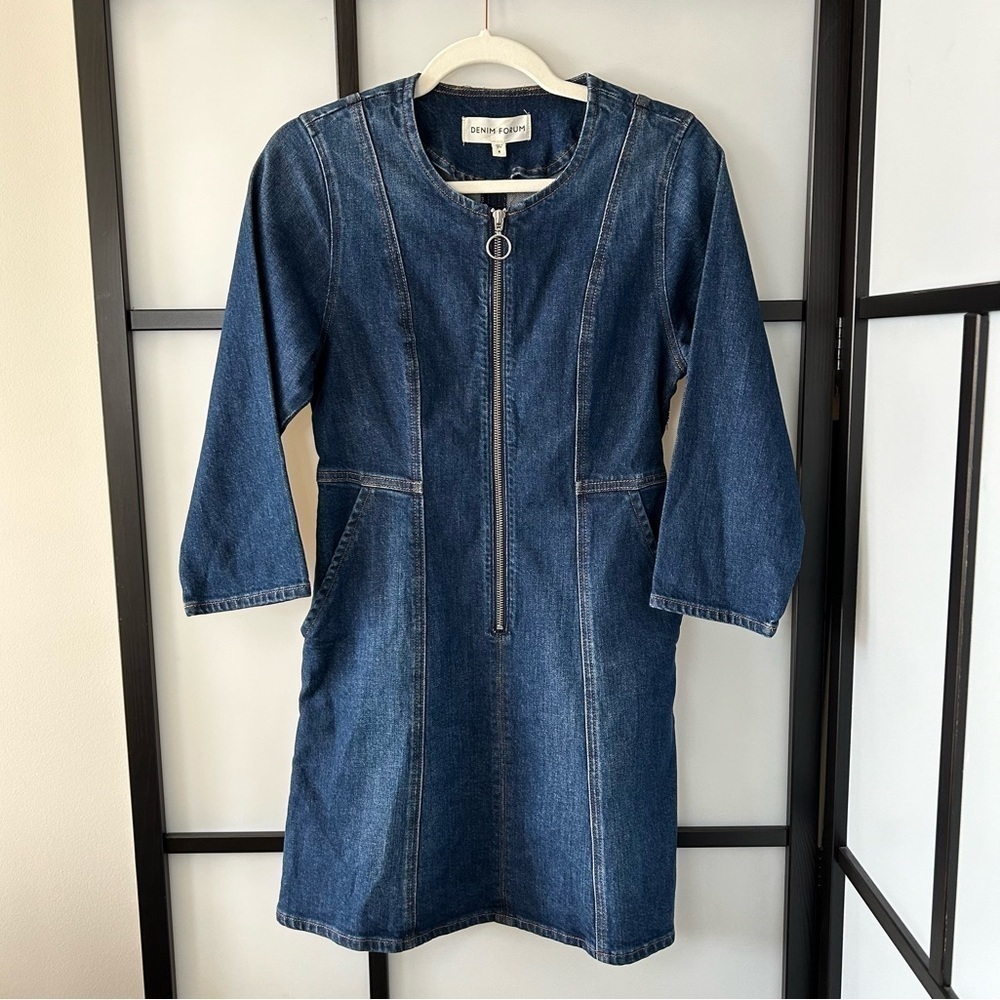 [4] Aritzia Denim Forum Front Zipper Denim Blue Jean Mini Dress with 3/4 Sleeve